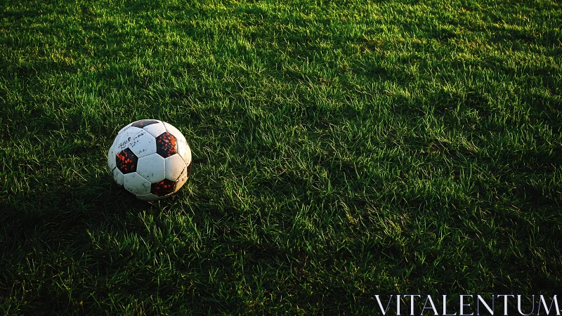 Soccer ball on green grass field in low warm sunlight.