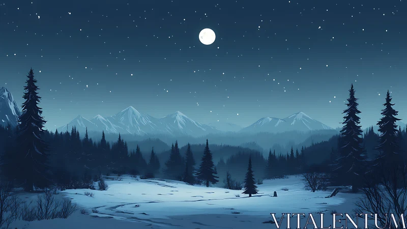 Moonlit winter forest resting quietly beneath soft stars.