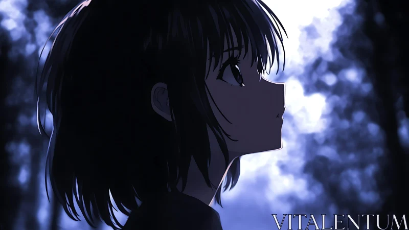 Anime girl silhouette in cool blue twilight forest.