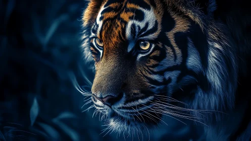 Nocturnal tiger portrait with high-contrast chromatic lighting.
