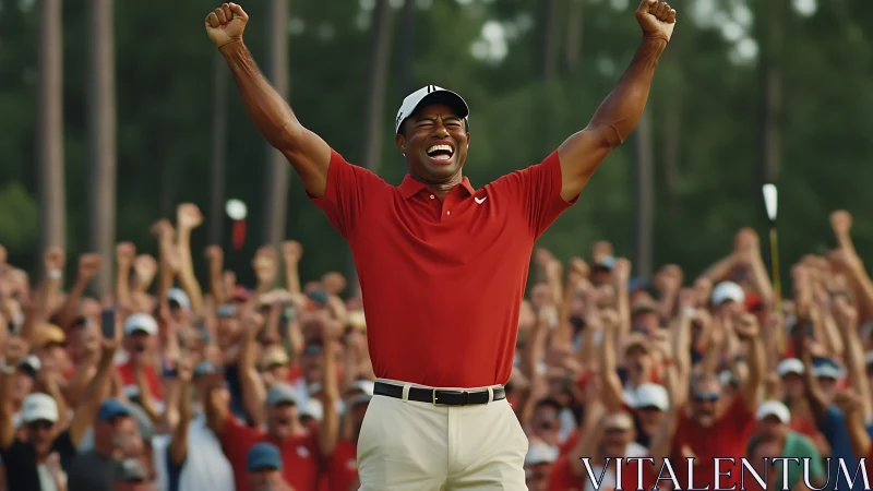 Photorealistic golf victory celebration with jubilant crowd framing.