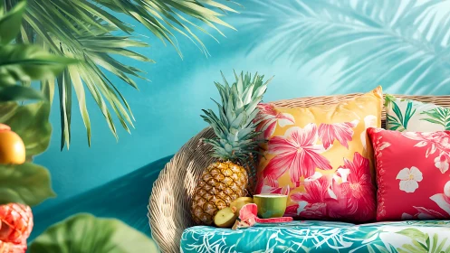 Wicker seating with pineapples and floral printed cushions