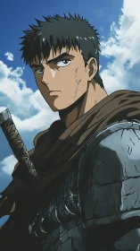 Armored swordsman under daytime sky in profile view.