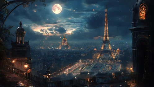 Moonlit Eiffel Tower overlooks a dreamlike, glowing Paris