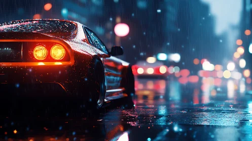 Sportscar taillights glow against neon city rainstorm night.