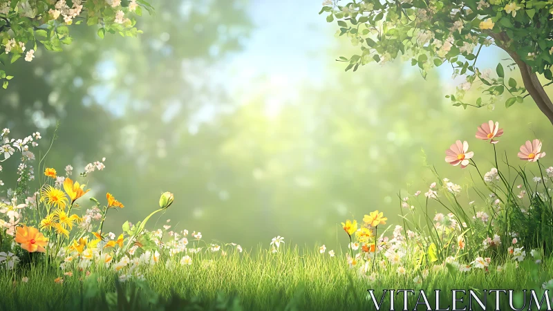 Spring meadow border with soft light and wildflowers.