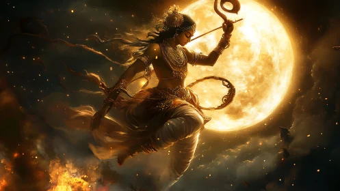 Dynamic moonlit warrior goddess rendered with dramatic rim lighting