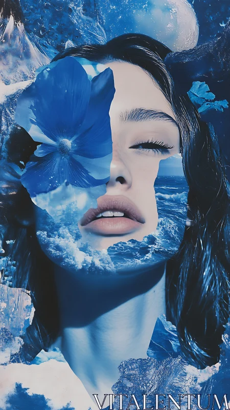 Surreal double-exposure portrait merges female face and oceanic bloom
