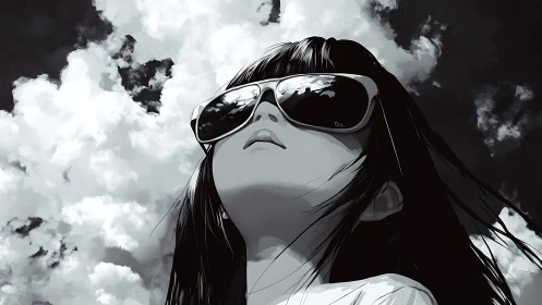 Monochrome portrait of girl in sunglasses against clouds.