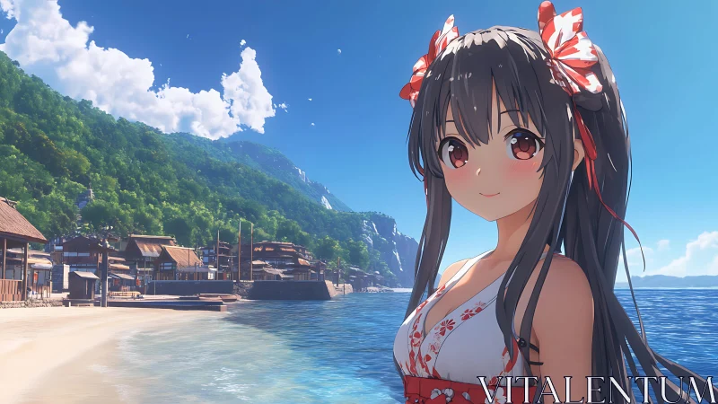Smiling anime girl stands on sunlit tropical beach