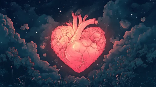 Glowing Anatomical Heart in Night Sky with Clouds.