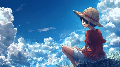 Straw hat boy gazes across expansive cumulus skyscape
