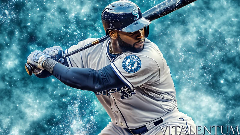 Baseball player in batting stance against stylized sky field