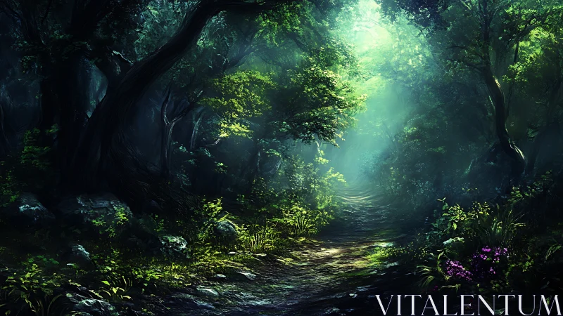 Enchanted Forest Path Glowing with Magical Emerald Light