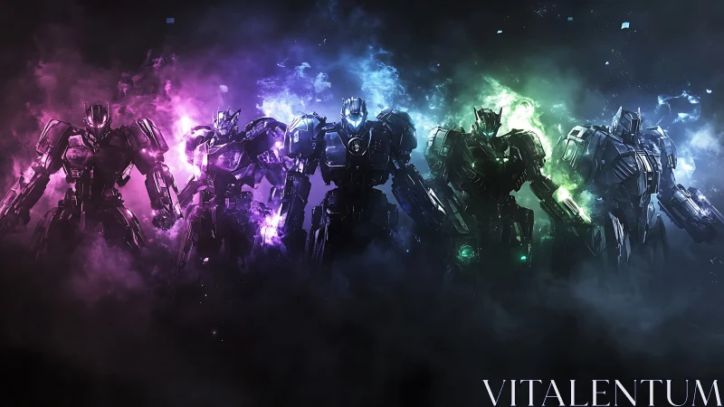 Row of armored robots stands in colored neon smoke