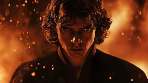 Smoldering warrior glares through a storm of drifting embers