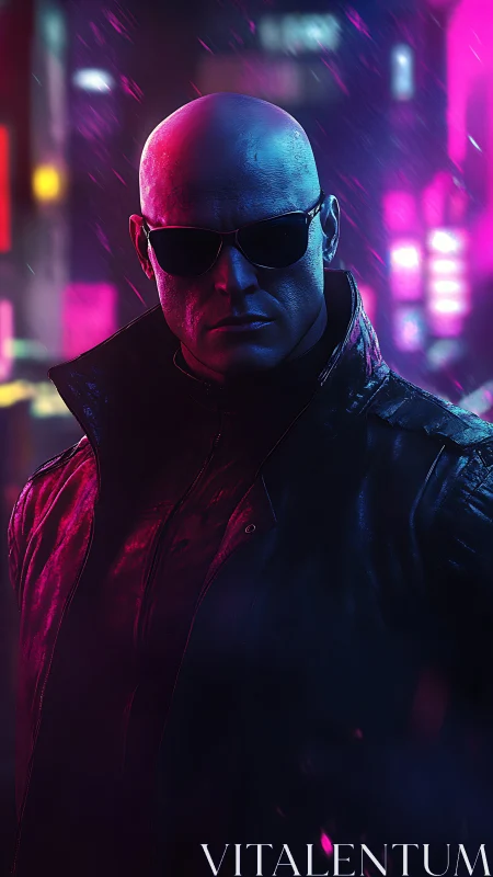 Neon‑lit cyberpunk agent stands in rain‑soaked alleyway