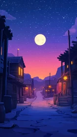 Moonlit western street under vivid twilight sky.