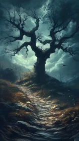 Nocturnal wind-twisted tree above serpentine erosion path.