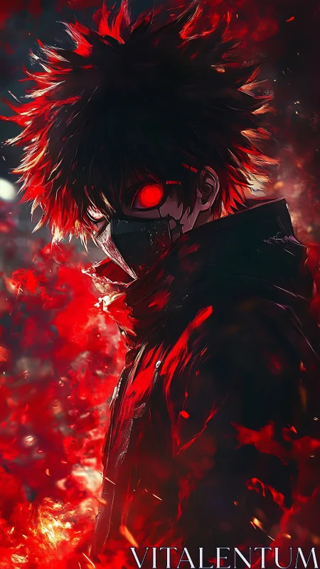 Masked fire-eyed antihero stands in a storm of crimson flames