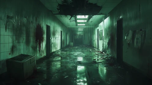 Abandoned green hospital corridor wrapped in eerie quiet.