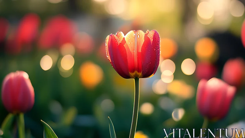 Red tulip specimen with luminescent petals and selective focus depth rendering