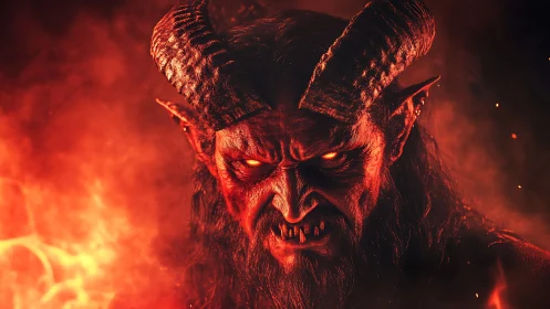 Demonic horned lord glares through infernal flames with menace