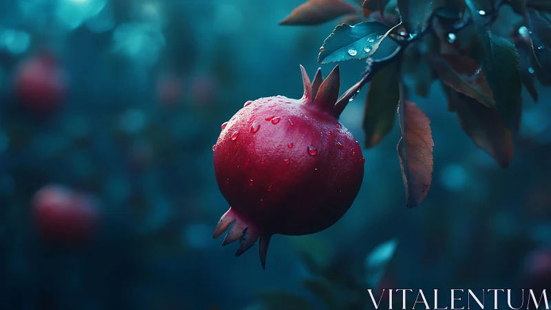 Rain-kissed pomegranate hangs in shallow-focus garden study