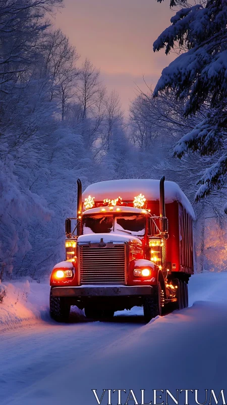 Glowing red truck brings cozy light to a quiet snowy road