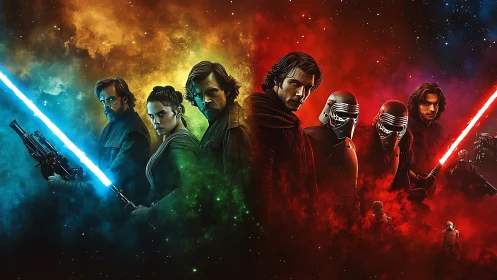 Sci fi duel composition with blue and red energy blades.