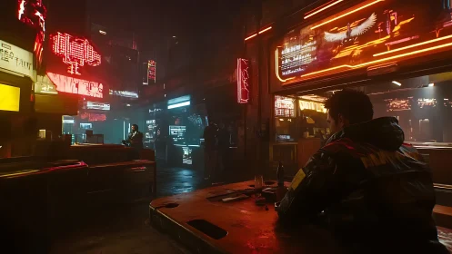 Cyberpunk loner sits in neon bar under holographic ads.