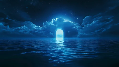 Luminous ocean portal opens beneath a tranquil starry sky