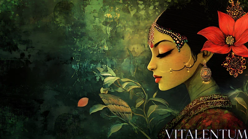 Ornate profile of serene woman amid lush green foliage.