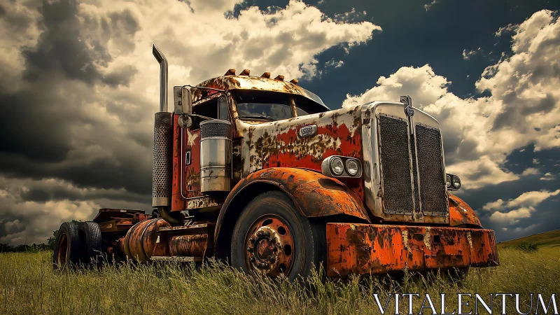 Corroded diesel tractor under convective cumulonimbus sky.