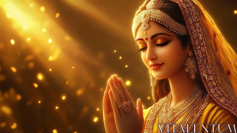 Golden devotional portrait of jeweled Indian woman in prayer.