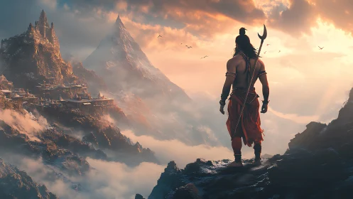 Warrior overlooks mythic mountain citadel in atmospheric light