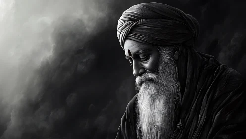 Elderly man in turban rendered in monochrome side profile