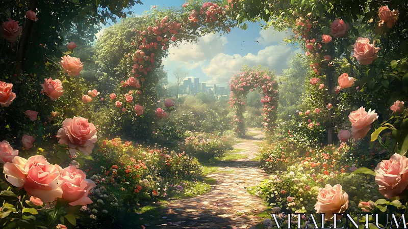 Garden pathway with flowering roses and distant cityscape view