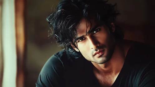 Photorealistic low-key portrait with cinematic close-up lighting.