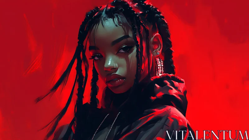 Intense digital portrait of braided woman in red glow.