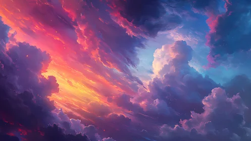 Digital painting of prismatic sunset cloudscape in motion.