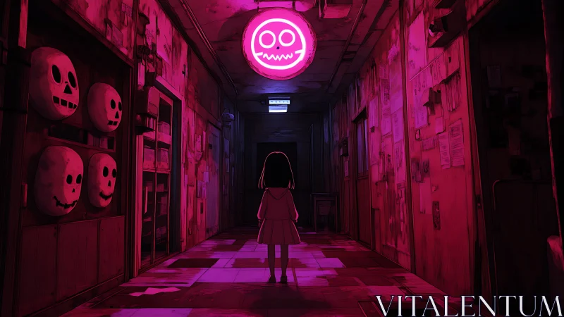 Girl confronts neon skull sign in haunted pink hallway.
