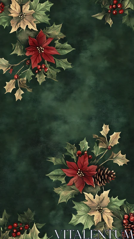 Christmas poinsettia border over dark green background.