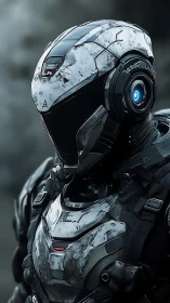 Weathered guardian robot in stormy futuristic armor.