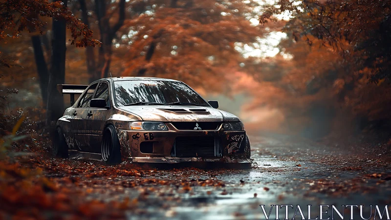 Tuned rally sedan cuts through wet autumn forest road.