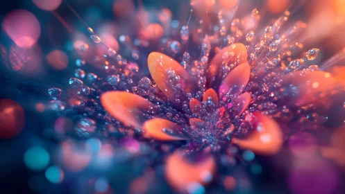 Macro bokeh flower abstraction with refractive dew spheres.