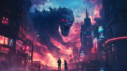 Colossal reptilian entity above neon city street at dusk.