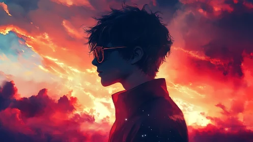 Silhouetted youth in neon sunset clouds panoramic profile.