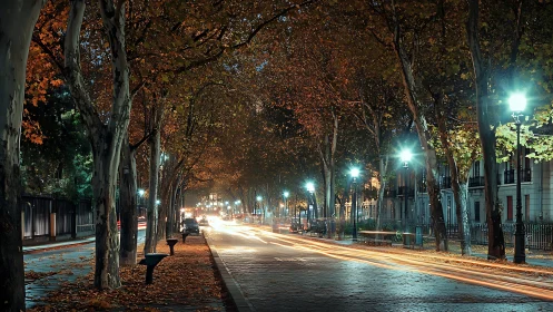 Tree-lined boulevard at night with warm light trails.