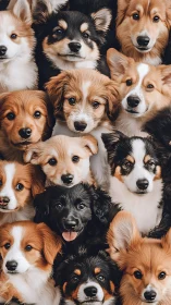 Close-up arrangement of multiple young dogs in frame.
